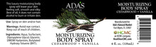 Load image into Gallery viewer, Ada&#39;s Naturals - Moisturizing Body Spray - Cedarwood • Vanilla (4 oz / 118mL)

