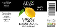 Load image into Gallery viewer, Ada&#39;s Naturals - Organic Essential Oil - Lemon (0.5 oz / 15ml)
